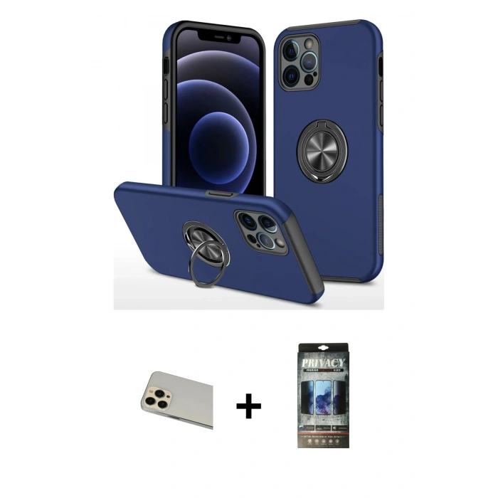 MARSİLYAN™- iPhone 12 Pro Kılıf Odak Form Prime - Siyah 34D Hayalet Izgaralı Cam + Rainbow Kamera Lens Koruma Cam - GD