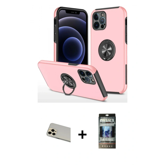 MARSİLYAN™- iPhone 12 Pro Kılıf Odak Form Prime - Siyah 34D Hayalet Izgaralı Cam + Rainbow Kamera Lens Koruma Cam - GD