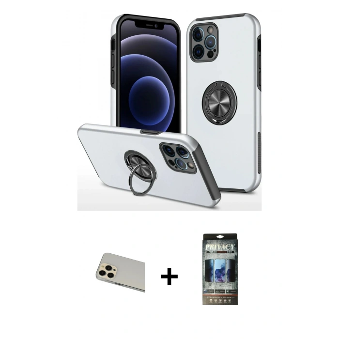 MARSİLYAN™- iPhone 12 Pro Kılıf Odak Form Prime - Siyah 34D Hayalet Izgaralı Cam + Rainbow Kamera Lens Koruma Cam - GD
