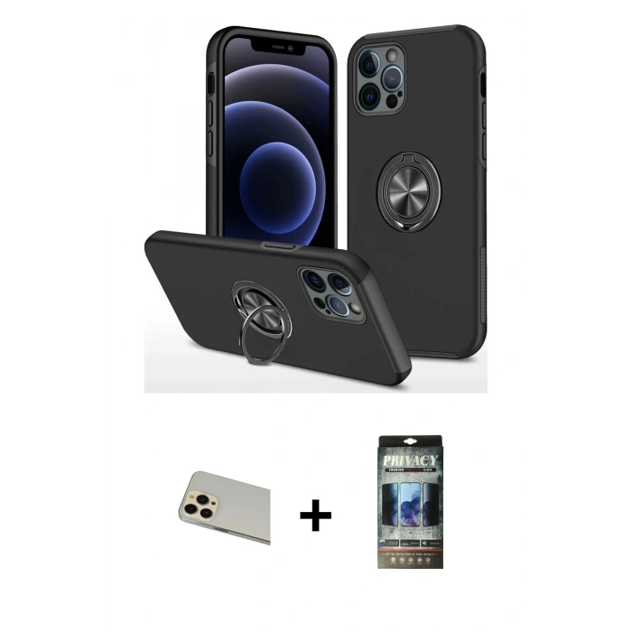 MARSİLYAN™- iPhone 12 Pro Kılıf Odak Form Prime - Siyah 34D Hayalet Izgaralı Cam + Rainbow Kamera Lens Koruma Cam - GD