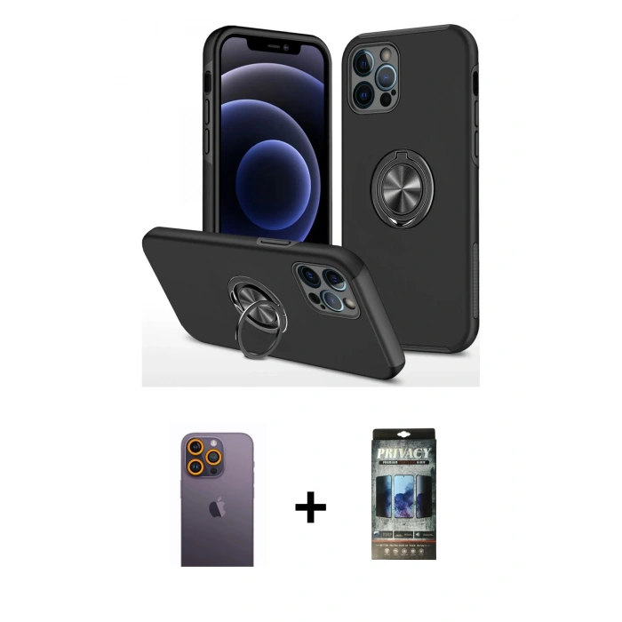 MARSİLYAN™- iPhone 12 Pro Kılıf Odak Form Prime - Siyah 34D Hayalet Izgaralı Cam + Neon Fosforlu Kamera Lens - SI
