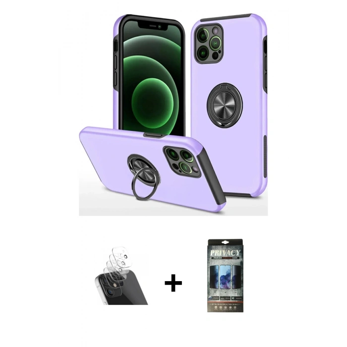 MARSİLYAN™- iPhone 12 Pro Kılıf Odak Form Prime - Siyah 34D Hayalet Izgaralı Cam + Kamera Lens Koruma Cam - SF