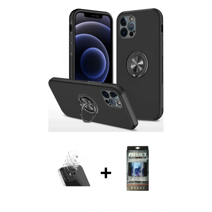 MARSİLYAN™- iPhone 12 Pro Kılıf Odak Form Prime - Siyah 34D Hayalet Izgaralı Cam + Kamera Lens Koruma Cam - SF