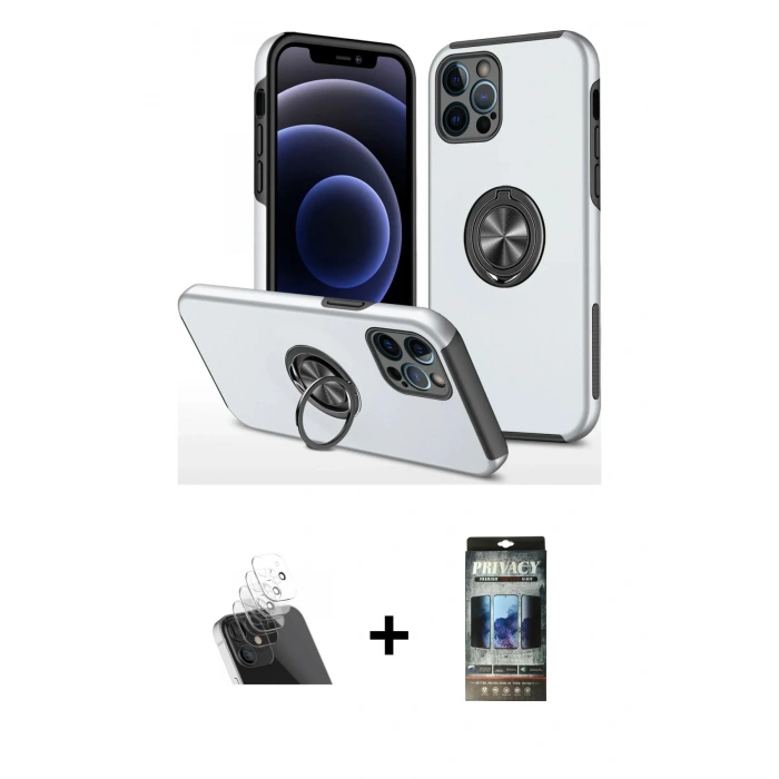 MARSİLYAN™- iPhone 12 Pro Kılıf Odak Form Prime - Siyah 34D Hayalet Izgaralı Cam + Kamera Lens Koruma Cam - SF