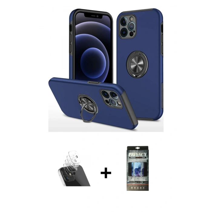 MARSİLYAN™- iPhone 12 Pro Kılıf Odak Form Prime - Siyah 34D Hayalet Izgaralı Cam + Kamera Lens Koruma Cam - SF