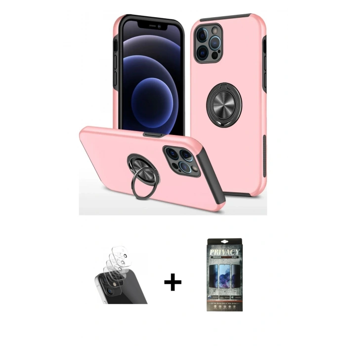 MARSİLYAN™- iPhone 12 Pro Kılıf Odak Form Prime - Siyah 34D Hayalet Izgaralı Cam + Kamera Lens Koruma Cam - SF