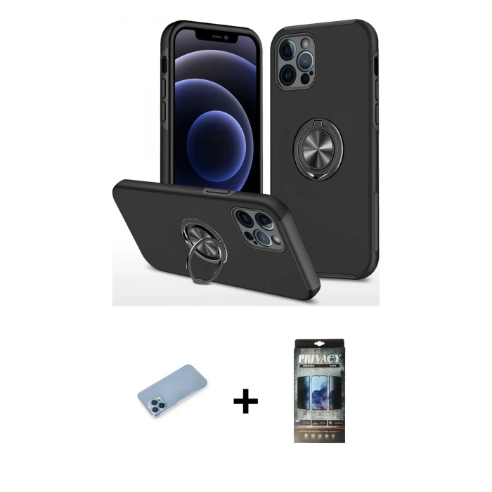 MARSİLYAN™- iPhone 12 Pro Kılıf Odak Form Prime - Siyah 34D Hayalet Izgaralı Cam + Shine Kamera Lens Koruma Cam - MI