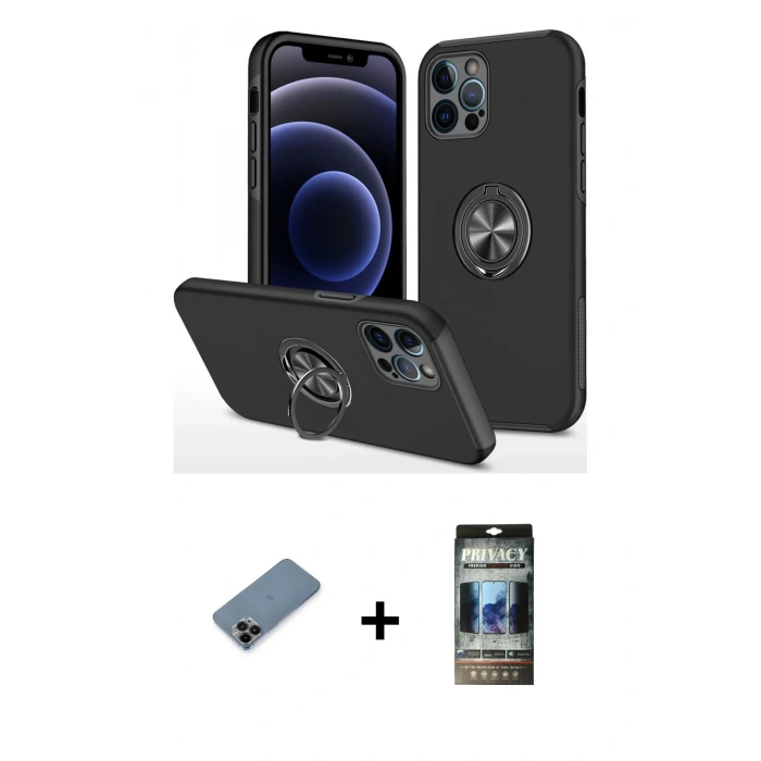 MARSİLYAN™- iPhone 12 Pro Kılıf Odak Form Prime - Siyah 34D Hayalet Izgaralı Cam + Shine Kamera Lens Koruma Cam - SH
