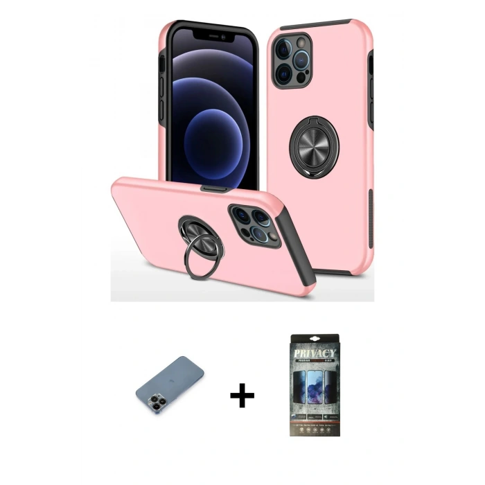 MARSİLYAN™- iPhone 12 Pro Kılıf Odak Form Prime - Siyah 34D Hayalet Izgaralı Cam + Shine Kamera Lens Koruma Cam - SH