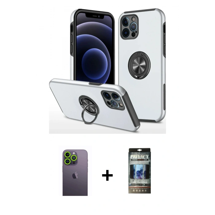 MARSİLYAN™- iPhone 12 Pro Kılıf Odak Form Prime - Siyah 34D Hayalet Izgaralı Cam + Neon Fosforlu Kamera Lens - YL