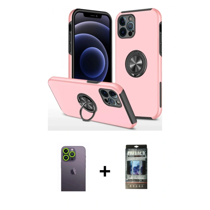 MARSİLYAN™- iPhone 12 Pro Kılıf Odak Form Prime - Siyah 34D Hayalet Izgaralı Cam + Neon Fosforlu Kamera Lens - YL