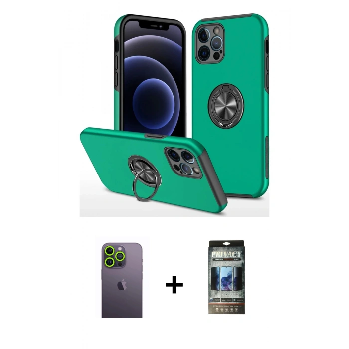 MARSİLYAN™- iPhone 12 Pro Kılıf Odak Form Prime - Siyah 34D Hayalet Izgaralı Cam + Neon Fosforlu Kamera Lens - YL