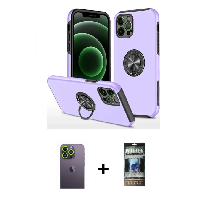 MARSİLYAN™- iPhone 12 Pro Kılıf Odak Form Prime - Siyah 34D Hayalet Izgaralı Cam + Neon Fosforlu Kamera Lens - YL