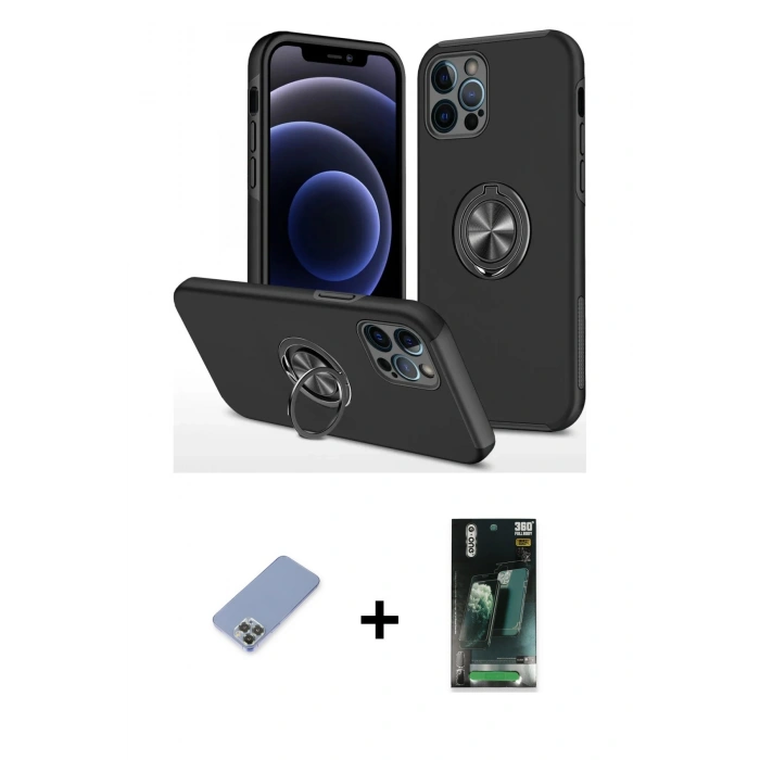 MARSİLYAN™- iPhone 12 Pro Kılıf Odak Form Prime - Siyah 360 Mat Full Body Arka Koruyucu + Metal Kamera Lens Koruma Cam - KUYL