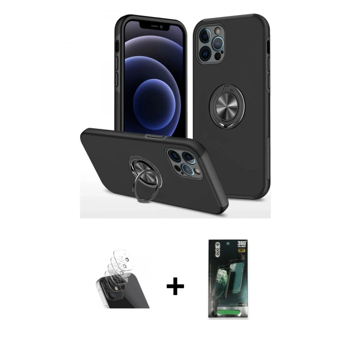 MARSİLYAN™- iPhone 12 Pro Kılıf Odak Form Prime - Siyah 360 Mat Full Body Arka Koruyucu + Kamera Lens Koruma Cam - SF