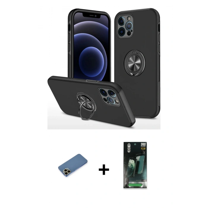 MARSİLYAN™- iPhone 12 Pro Kılıf Odak Form Prime - Siyah 360 Mat Full Body Arka Koruyucu + Shine Kamera Lens Koruma Cam - GD