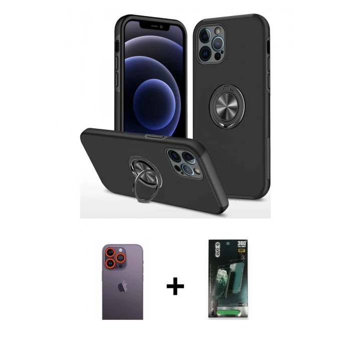 MARSİLYAN™- iPhone 12 Pro Kılıf Odak Form Prime - Siyah 360 Mat Full Body Arka Koruyucu + Neon Fosforlu Kamera Lens - TU