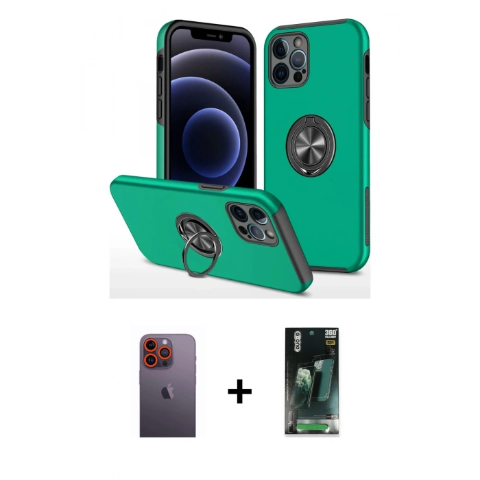 MARSİLYAN™- iPhone 12 Pro Kılıf Odak Form Prime - Siyah 360 Mat Full Body Arka Koruyucu + Neon Fosforlu Kamera Lens - TU