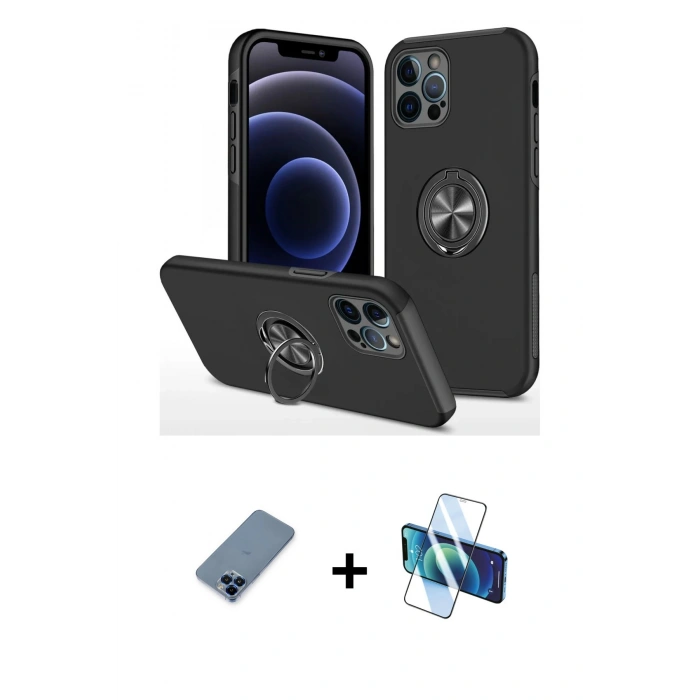 MARSİLYAN™- iPhone 12 Pro Kılıf Odak Form Prime - Siyah 3D Antistatik Cam Ekran Koruyucu + Metal Kamera Lens Koruma Cam - MI
