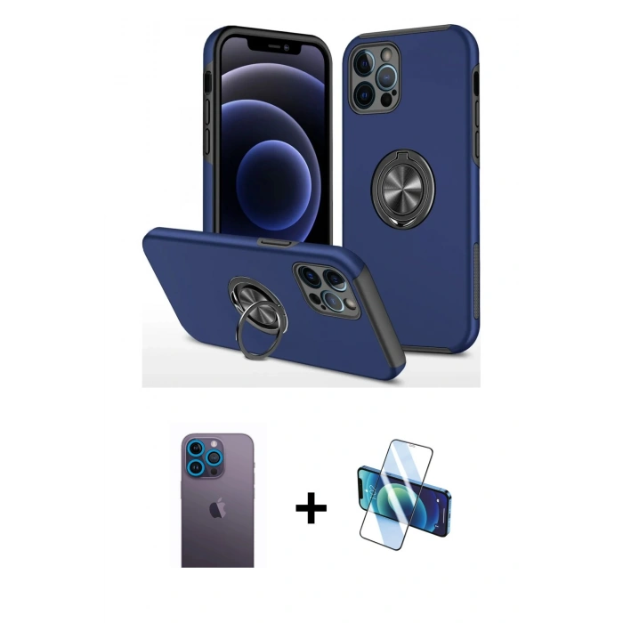MARSİLYAN™- iPhone 12 Pro Kılıf Odak Form Prime - Siyah 3D Antistatik Cam Ekran Koruyucu + Neon Fosforlu Kamera Lens - MI