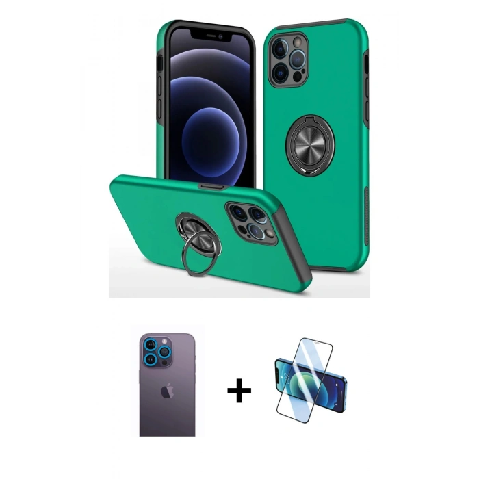 MARSİLYAN™- iPhone 12 Pro Kılıf Odak Form Prime - Siyah 3D Antistatik Cam Ekran Koruyucu + Neon Fosforlu Kamera Lens - MI