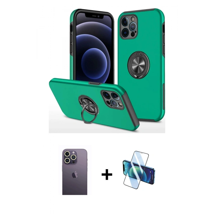 MARSİLYAN™- iPhone 12 Pro Kılıf Odak Form Prime - Siyah 3D Antistatik Cam Ekran Koruyucu + Neon Fosforlu Kamera Lens - BZ