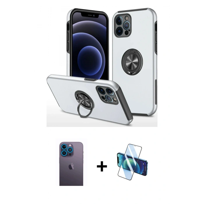MARSİLYAN™- iPhone 12 Pro Kılıf Odak Form Prime - Siyah 3D Antistatik Cam Ekran Koruyucu + Neon Fosforlu Kamera Lens - MI
