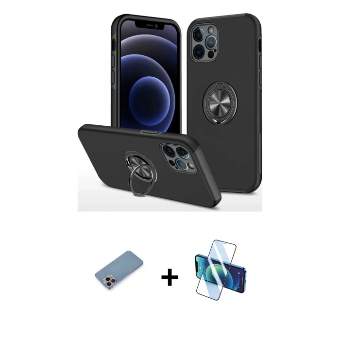 MARSİLYAN™- iPhone 12 Pro Kılıf Odak Form Prime - Siyah 3D Antistatik Cam Ekran Koruyucu + Shine Kamera Lens Koruma Cam - PE