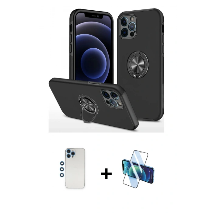 MARSİLYAN™- iPhone 12 Pro Kılıf Odak Form Prime - Siyah 3D Antistatik Cam Ekran Koruyucu + Shine Kamera Lens - MI
