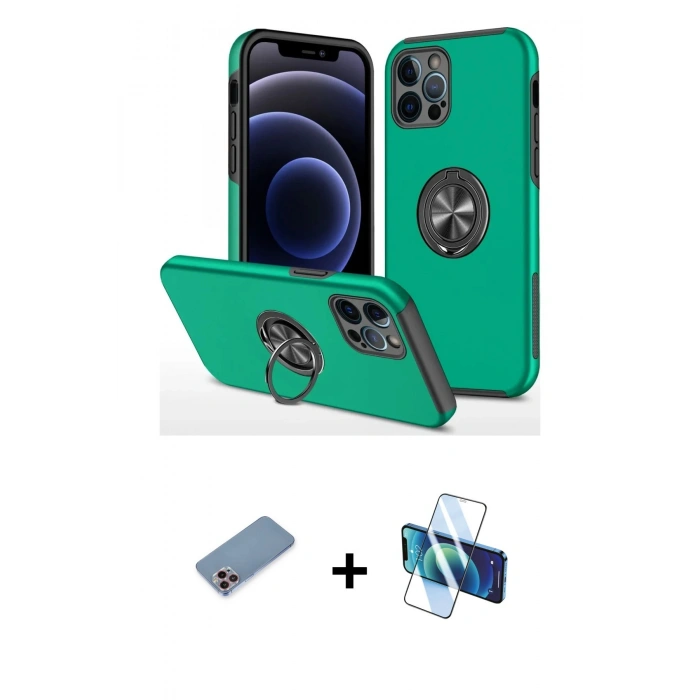 MARSİLYAN™- iPhone 12 Pro Kılıf Odak Form Prime - Siyah 3D Antistatik Cam Ekran Koruyucu + Shine Kamera Lens Koruma Cam - PE
