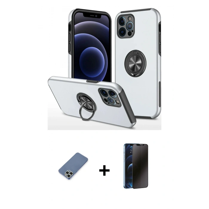 MARSİLYAN™- iPhone 12 Pro Kılıf Odak Form Prime - Siyah 3D Antistatik Hayalet Cam Ekran Koruyucu + Metal Kamera Lens Koruma Cam - AKYL