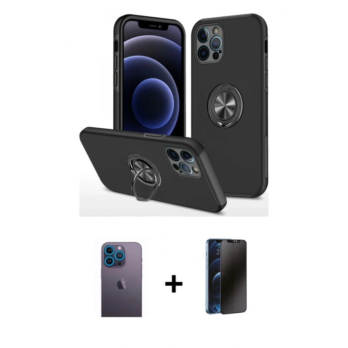 MARSİLYAN™- iPhone 12 Pro Kılıf Odak Form Prime - Siyah 3D Antistatik Hayalet Cam Ekran Koruyucu + Neon Fosforlu Kamera Lens - MI