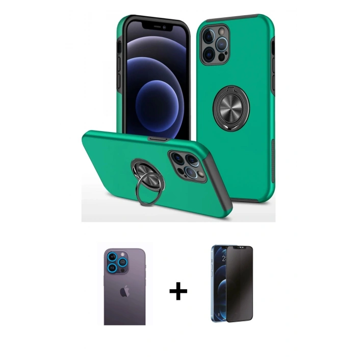 MARSİLYAN™- iPhone 12 Pro Kılıf Odak Form Prime - Siyah 3D Antistatik Hayalet Cam Ekran Koruyucu + Neon Fosforlu Kamera Lens - MI