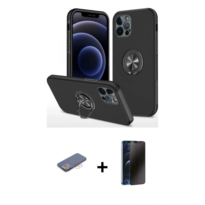 MARSİLYAN™- iPhone 12 Pro Kılıf Odak Form Prime - Siyah 3D Antistatik Hayalet Cam Ekran Koruyucu + Renkli Kamera Lens Koruma Cam - MI