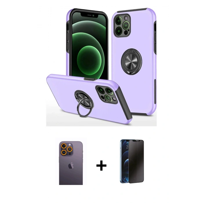 MARSİLYAN™- iPhone 12 Pro Kılıf Odak Form Prime - Siyah 3D Antistatik Hayalet Cam Ekran Koruyucu + Neon Fosforlu Kamera Lens - SI