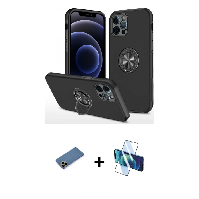MARSİLYAN™- iPhone 12 Pro Kılıf Odak Form Prime - Siyah 3D Antistatik Seramik Nano Ekran Koruyucu + Shine Kamera Lens Koruma Cam - GD