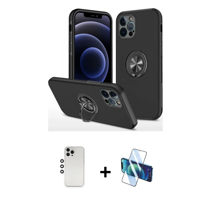 MARSİLYAN™- iPhone 12 Pro Kılıf Odak Form Prime - Siyah 3D Antistatik Seramik Nano Ekran Koruyucu + Shine Kamera Lens - GS