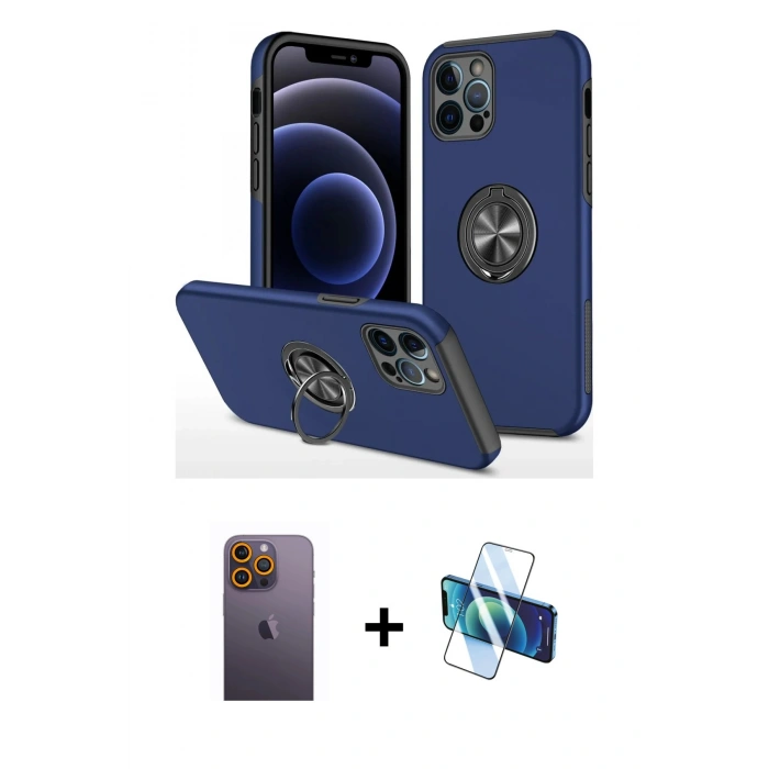 MARSİLYAN™- iPhone 12 Pro Kılıf Odak Form Prime - Siyah 3D Antistatik Seramik Nano Ekran Koruyucu + Sarı Neon Fosforlu Kamera Lens