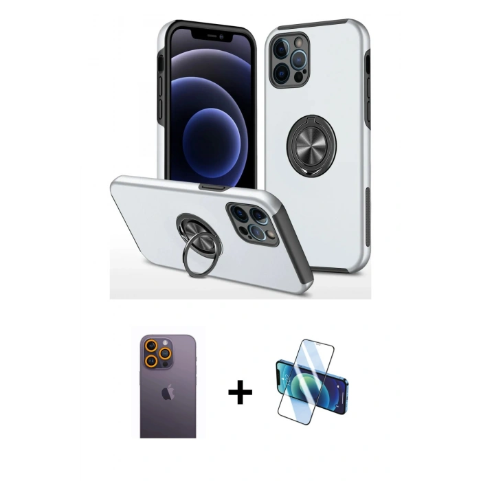 MARSİLYAN™- iPhone 12 Pro Kılıf Odak Form Prime - Siyah 3D Antistatik Seramik Nano Ekran Koruyucu + Sarı Neon Fosforlu Kamera Lens