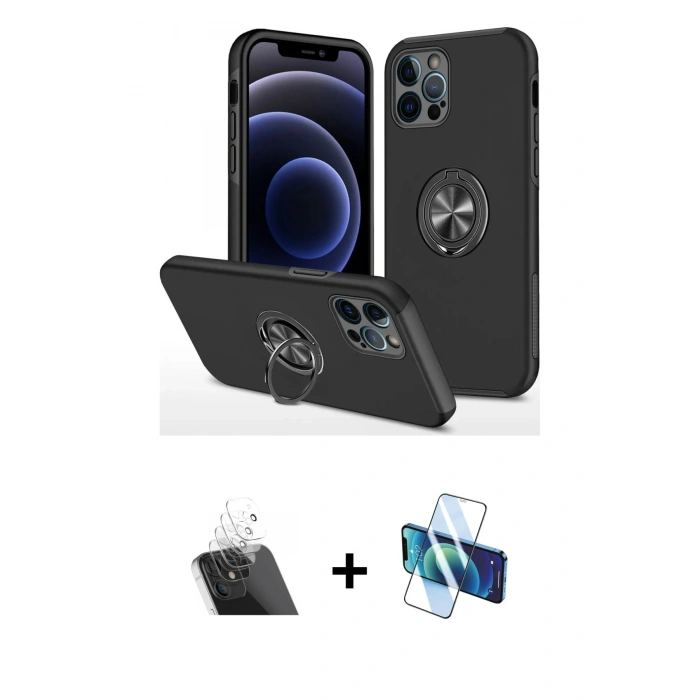 MARSİLYAN™- iPhone 12 Pro Kılıf Odak Form Prime - Siyah 3D Antistatik Seramik Nano Ekran Koruyucu + Kamera Lens Koruma Cam - SF