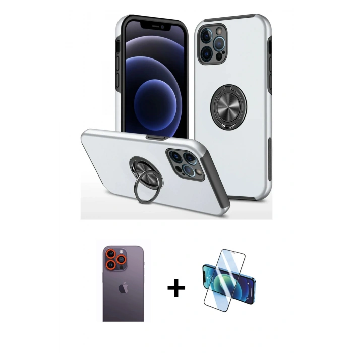 MARSİLYAN™- iPhone 12 Pro Kılıf Odak Form Prime - Siyah 3D Antistatik Seramik Nano Ekran Koruyucu + Turuncu Neon Fosforlu Kamera Lens