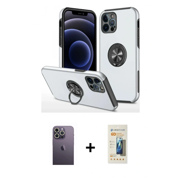 MARSİLYAN™- iPhone 12 Pro Kılıf Odak Form Prime - Siyah 6D Mat Seramik Hayalet Nano Ekran Koruyucu + Neon Fosforlu Kamera Lens - BZ