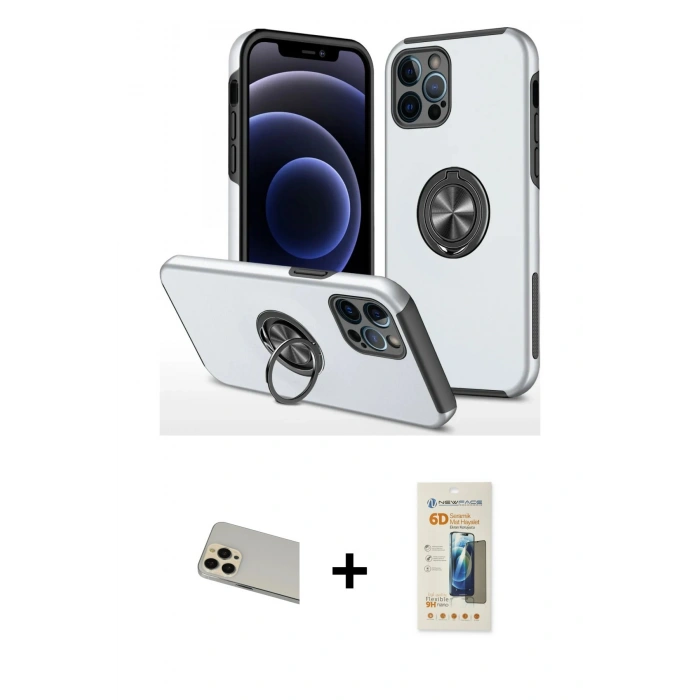 MARSİLYAN™- iPhone 12 Pro Kılıf Odak Form Prime - Siyah 6D Mat Seramik Hayalet Nano Ekran Koruyucu + Rainbow Kamera Lens Koruma Cam - GD