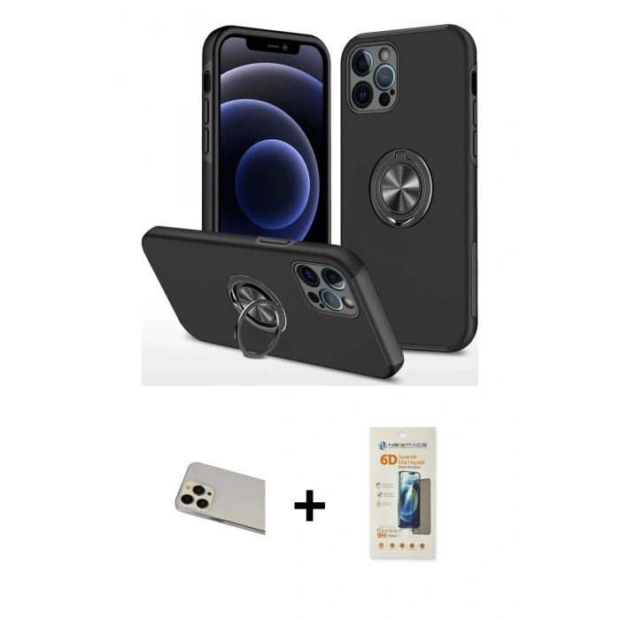 MARSİLYAN™- iPhone 12 Pro Kılıf Odak Form Prime - Siyah 6D Mat Seramik Hayalet Nano Ekran Koruyucu + Rainbow Kamera Lens Koruma Cam - GD