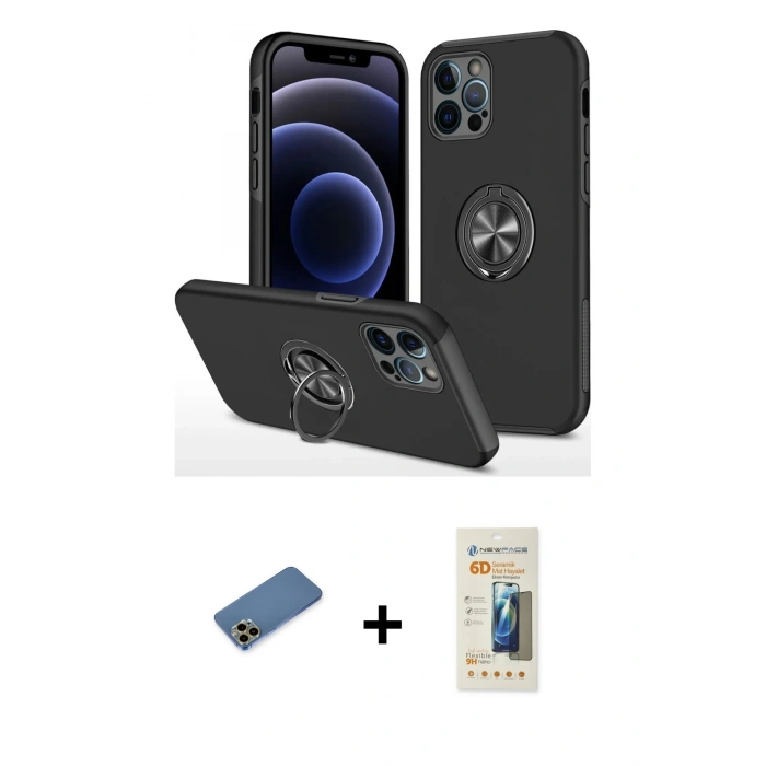 MARSİLYAN™- iPhone 12 Pro Kılıf Odak Form Prime - Siyah 6D Mat Seramik Hayalet Nano Ekran Koruyucu + Shine Kamera Lens Koruma Cam - GD