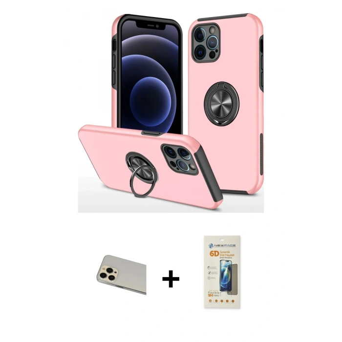 MARSİLYAN™- iPhone 12 Pro Kılıf Odak Form Prime - Siyah 6D Mat Seramik Hayalet Nano Ekran Koruyucu + Rainbow Kamera Lens Koruma Cam - GD