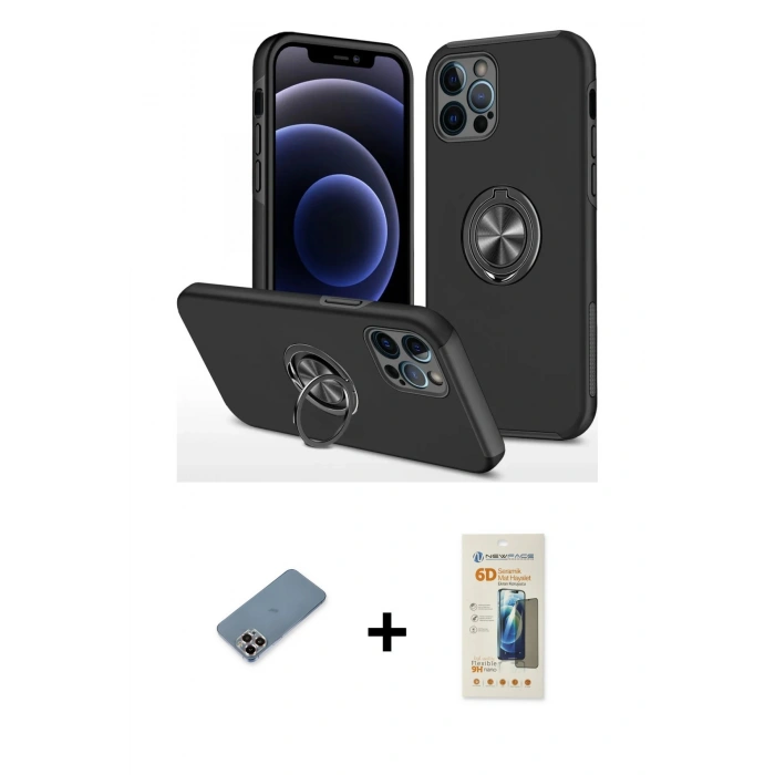 MARSİLYAN™- iPhone 12 Pro Kılıf Odak Form Prime - Siyah 6D Mat Seramik Hayalet Nano Ekran Koruyucu + Metal Kamera Lens Koruma Cam - MR
