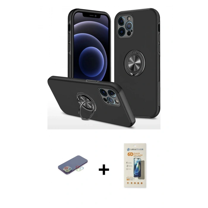 MARSİLYAN™- iPhone 12 Pro Kılıf Odak Form Prime - Siyah 6D Mat Seramik Hayalet Nano Ekran Koruyucu + Renkli Kamera Lens Koruma Cam - MI