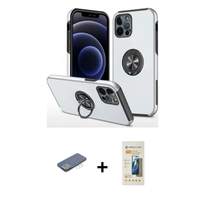 MARSİLYAN™- iPhone 12 Pro Kılıf Odak Form Prime - Siyah 6D Mat Seramik Hayalet Nano Ekran Koruyucu + Renkli Kamera Lens Koruma Cam - YL