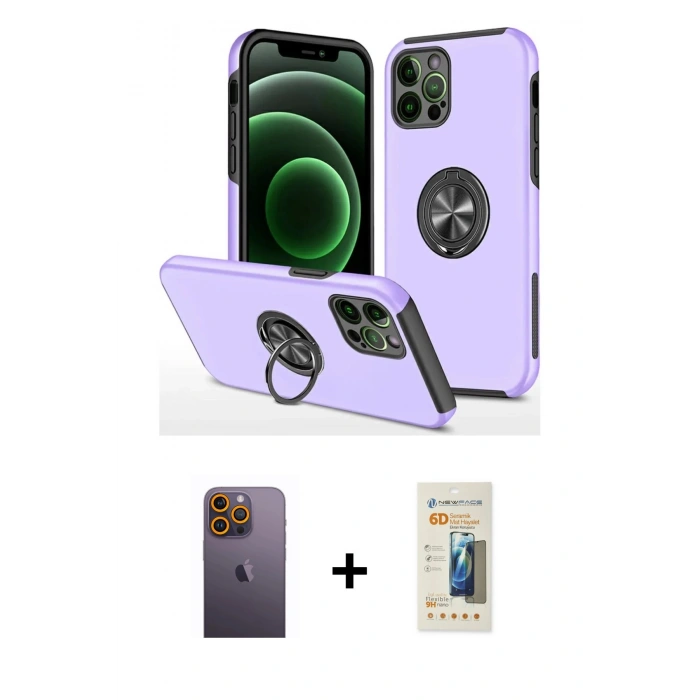 MARSİLYAN™- iPhone 12 Pro Kılıf Odak Form Prime - Siyah 6D Mat Seramik Hayalet Nano Ekran Koruyucu + Neon Fosforlu Kamera Lens - SI